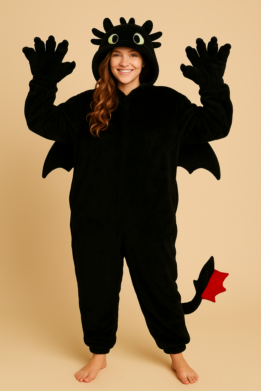 Person wearing a black dragon onesie on a beige background