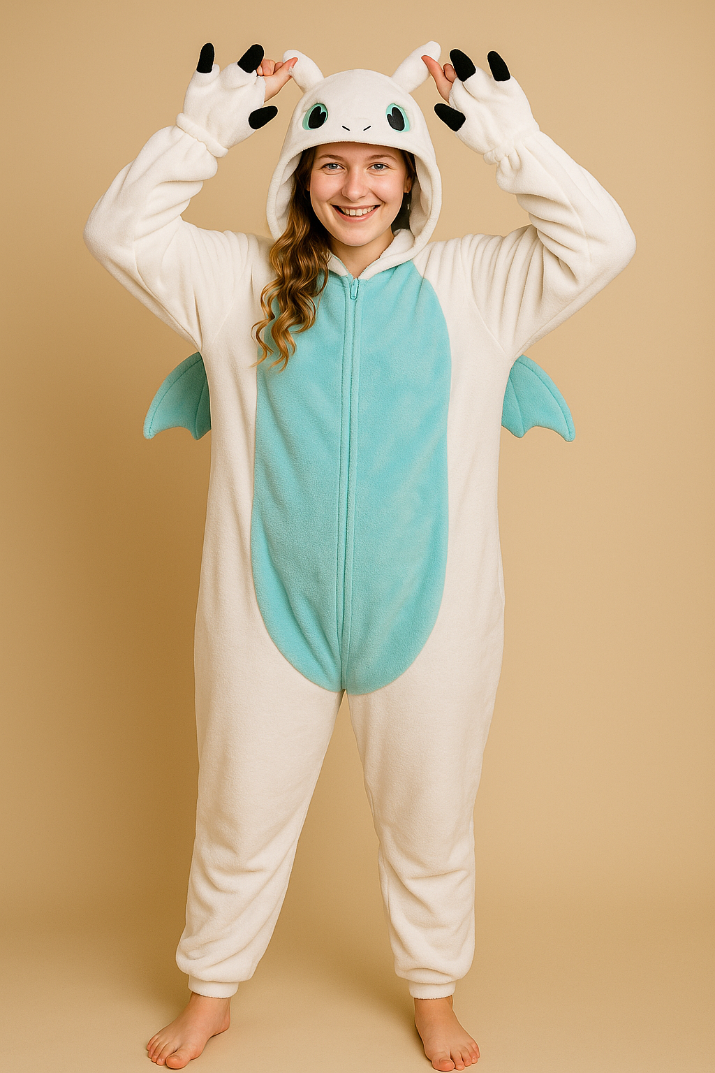 Child wearing a dragon-themed onesie against a beige background