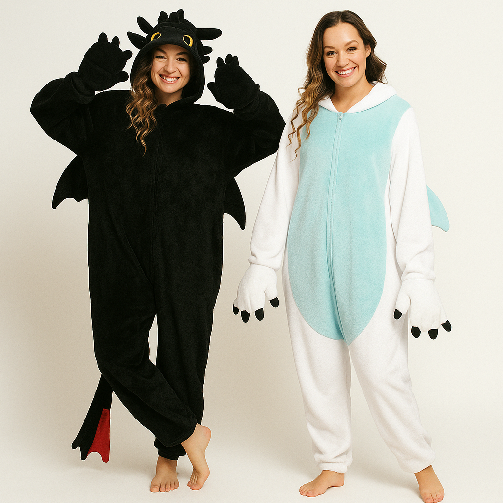 Two people wearing dragon and unicorn onesies on a plain background