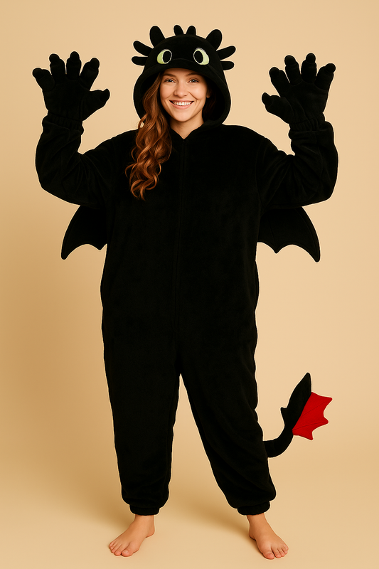 Person wearing a black dragon onesie on a beige background